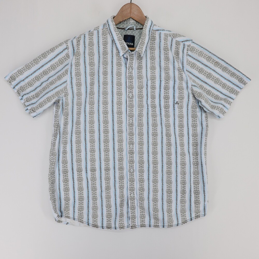 Prana Shirt Mens XL Blue White Striped Short Sleeve Organic Cotton Casual